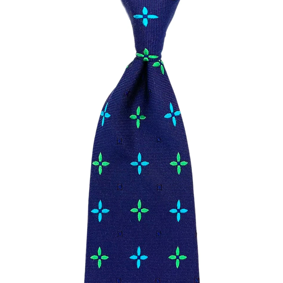 Corbata Royal Classic Tom James Azul - Azul Verde 4 Hojas Floral Italia Seda Corbata Foto 3 de 4