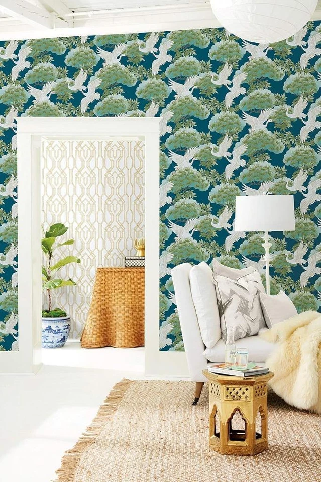 Wallpaper Sprig & Heron Dark Blue Green Brown Gold White , 60 sq ft Bolt - Image 3 of 3
