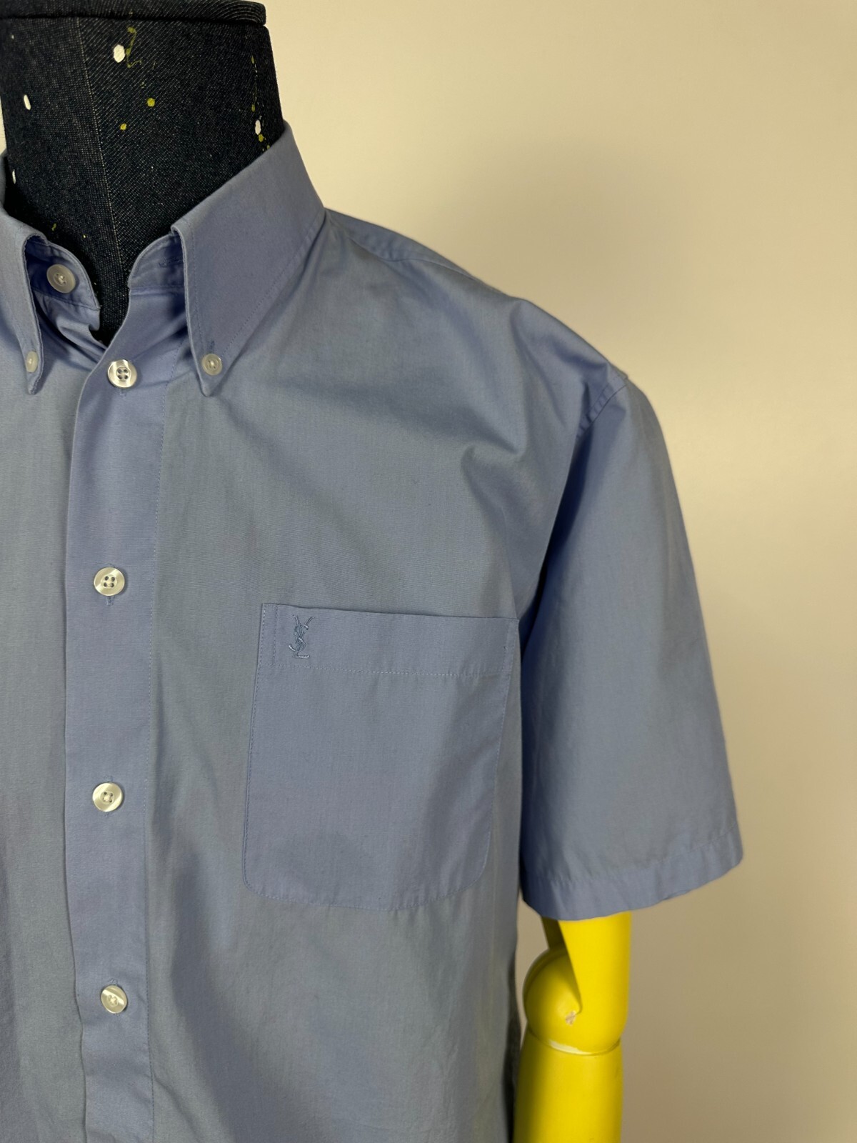 Camicia vintage Yves Saint Laurent YSL con bottoni manica corta blu uomo taglia 16