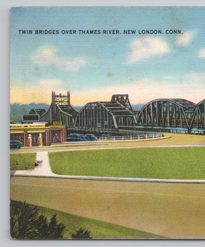 New London CT Twin Bridges Over the Thames River Connecticut Postcard 1930's - Picture 2 of 6