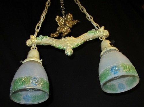 ANTIQUE VICTORIAN METAL CHERUB CHANDELIER CEILING LIGHT FIXTURE SHADES 30's - Picture 8 of 12
