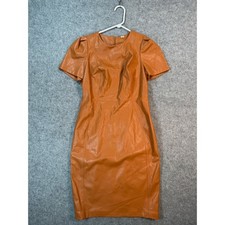 Calvin Klein Faux Leather Puff Sleeve Sheath Dress Cognac Orange Tan Womens 6