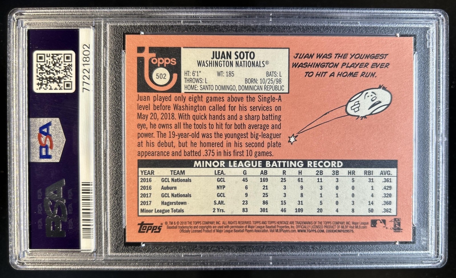 2018 Topps Heritage Juan Soto RC Rookie #502 Nationals PSA 9 view 2