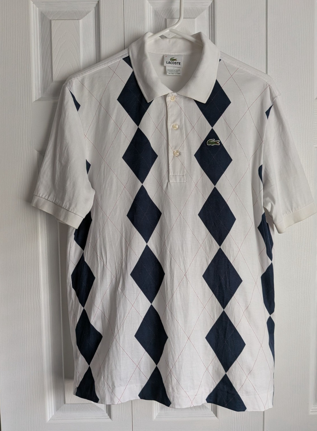 Lacoste Polo Shirt Mens Size 4 Argyle Diamond Preppy Golf Crocodile Logo Vintage