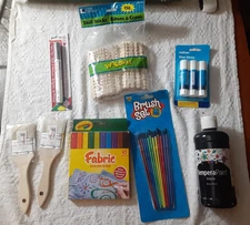Art Supplies Lot Glue, Tempera Paint, Brushes, Crayola Fabric Markers, sticks