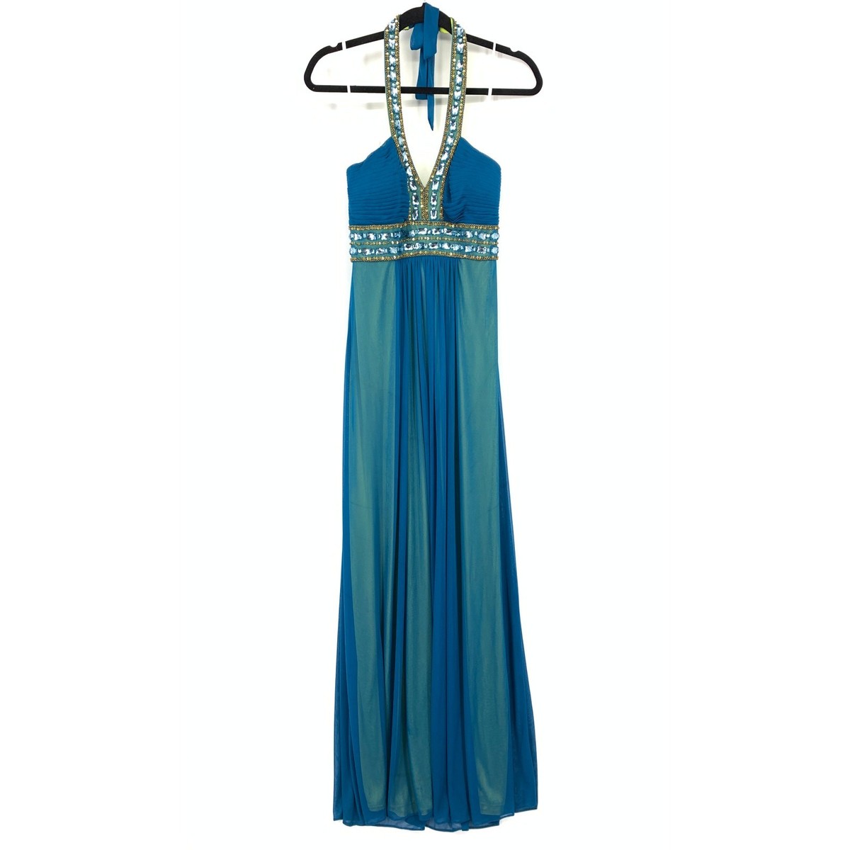 xscape blue beaded dress Xscape Women's Long Beaded V-Neck Ball Gown - Navy