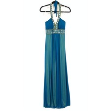 Xscape BY Joanna Chen Maxi Dress Womens Size 6 Haleter Beaded Neckline Blue