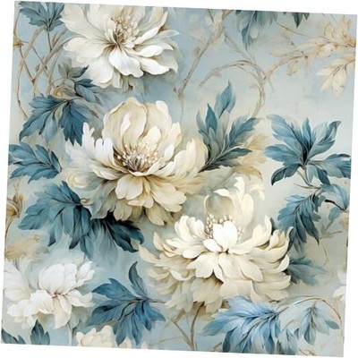  Blue Green Beige Peony Floral Leaf Watercolor 17.7'' x 118'' Blue Green Peonies