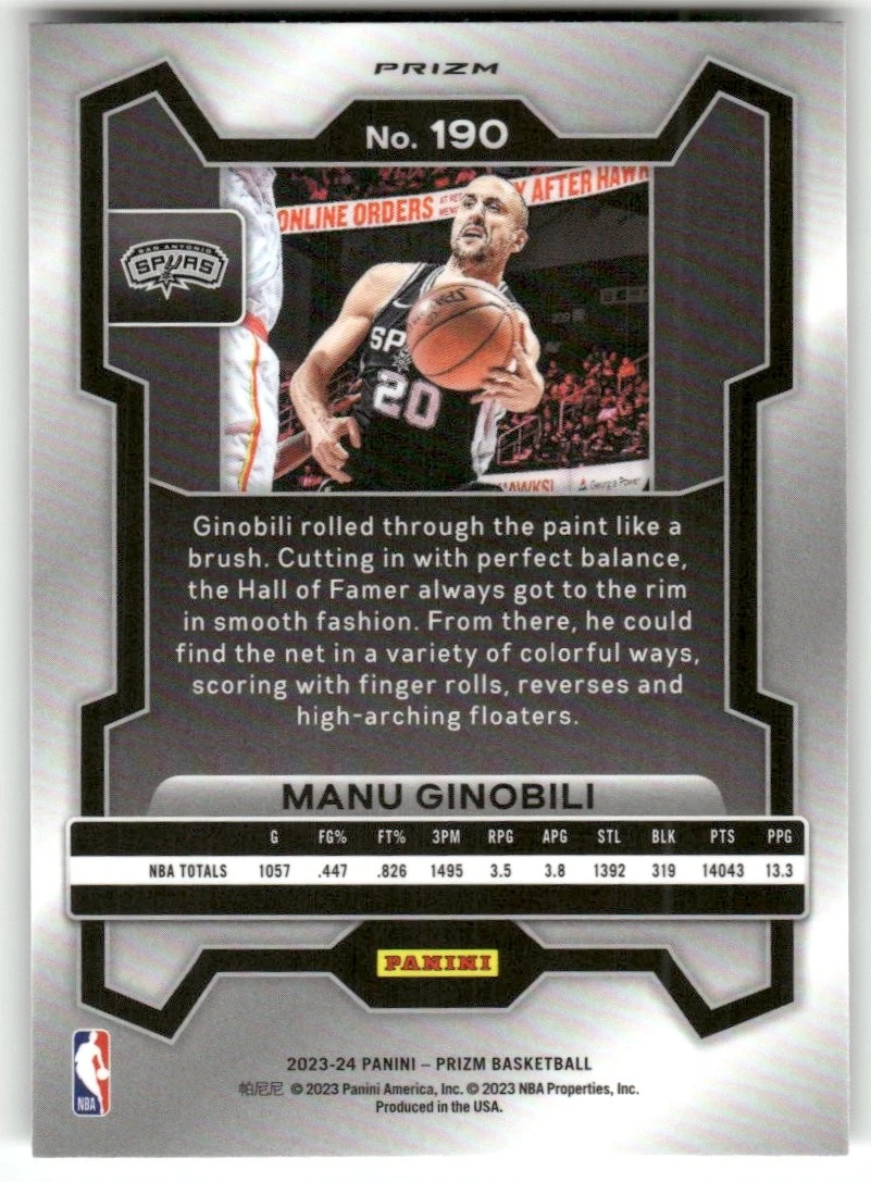 Manu Ginobili - 2023-24 Panini Prizm Basketball - San Antonio Spurs #190
