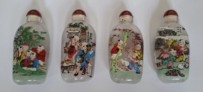 Vintage 1983 chinesische innen bemalte Glas Schnupftabakflaschen 4er Set 100 Jungen