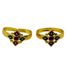 Traditional Adjustable Gold Tone Geometric Floral Toe Rings Green Maroon Pair
