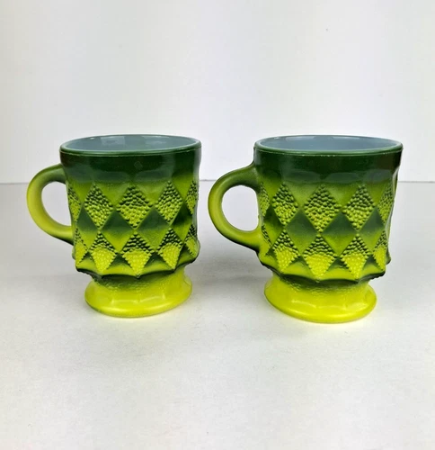 2 Vintage Anchor Hocking Fire King Kimberly Diamond Milk Glass Mugs Green Ombré