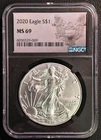 2020 SILVER EAGLE.  NGC CERTIFIED MS69. CERT. #6036529-069