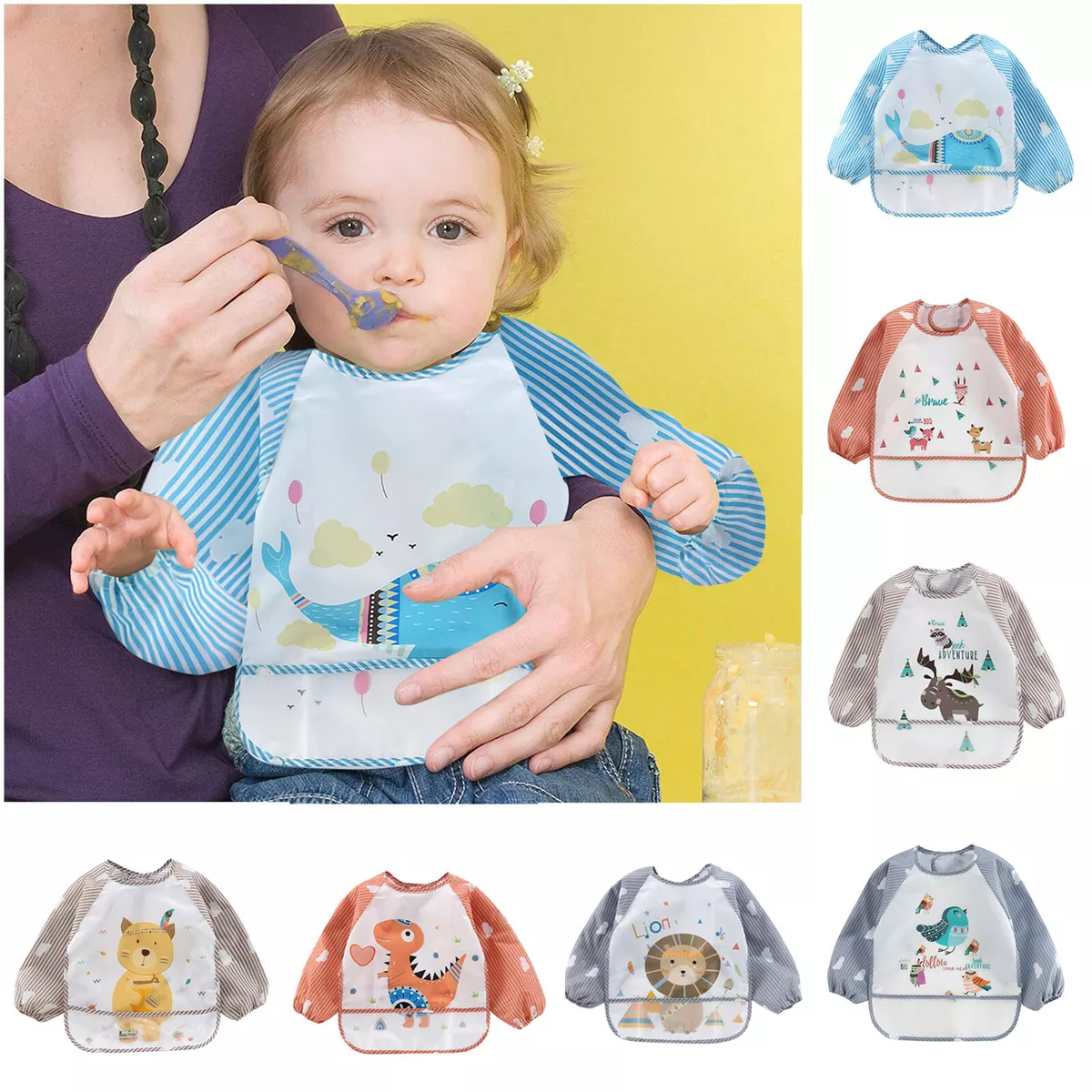 Toddler Long Sleeve Baby Bibs Waterproof Sleeved Bib Soft Cartoon for Girls Boys