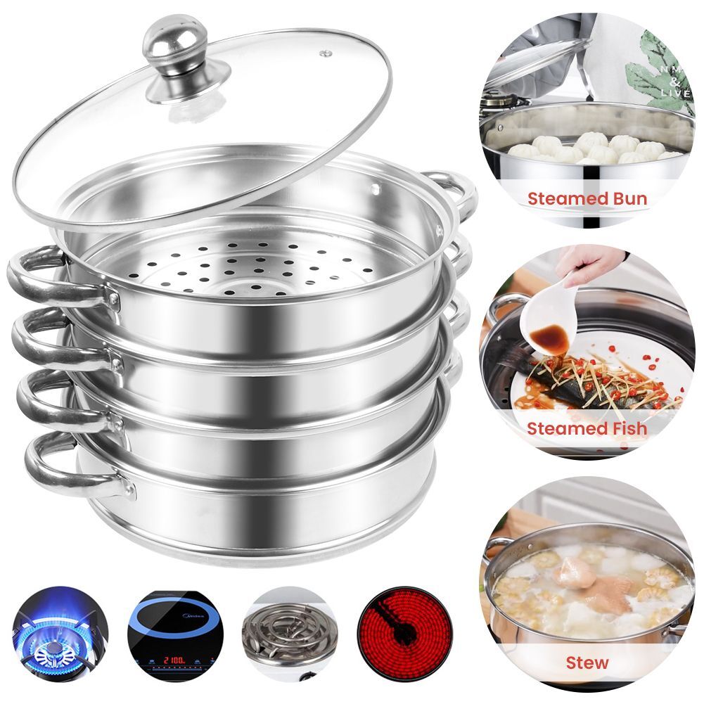 2-lagiger Dampfgarer Edelstahl | 27 Cm Dampftopf Mit Glasdeckel | Spülmaschinengeeignet