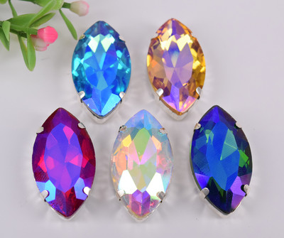 50 pcs Sew On Crystal Rhinestone Faceted Glass Color AB Navette Jewels Button