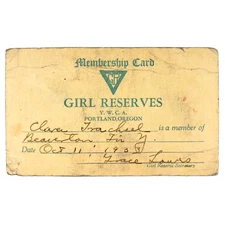 YWCA Girl Reserves Membership Card 1930s Portland & Beaverton Oregon Youth B3491