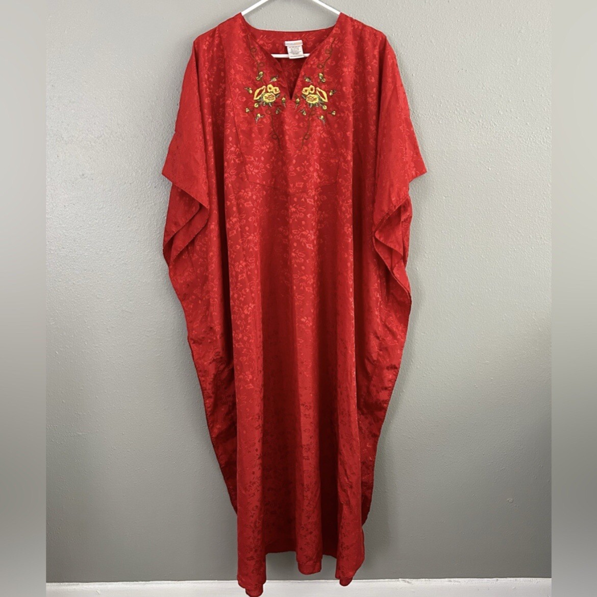 Simply Basic Red Yellow Floral Embroidered Kaftan Mumu House Dress