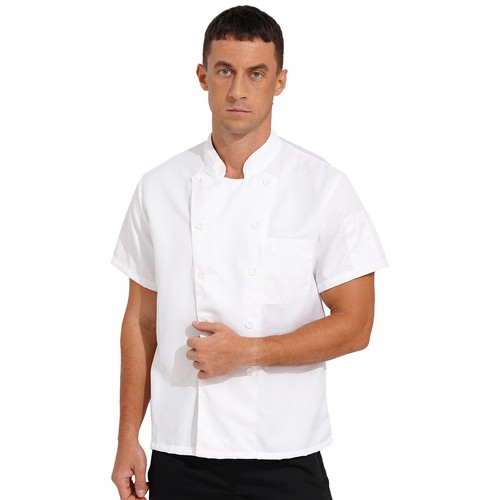 Mens Short Sleeve Chef Coat Uniform Stand Collar Jacket Canteen Uniform Shirt - Picture 27 of 55