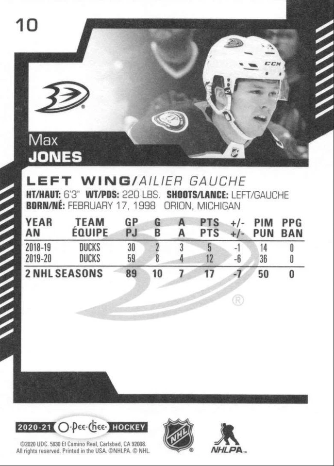 2020-21 O-Pee-Chee Max Jones Anaheim Ducks #10 - Image 2 of 2