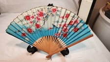 Vintage Hand Painted Asian Wooden Paper Floral Birds Fan 1