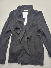 Lush Womens Coatigan Small Black Ruffled Lapel Solid Open Rayon Blend