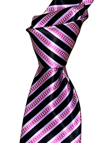 $285 NWOT STEFANO RICCI Black w/Fuchsia Lilac track stripes 3.6" Satin silk tie - Picture 1 of 6