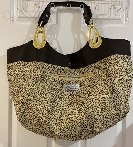 Braciano Tote Bag Hand Shoulder Brown Fabric Gold Hardware Button Closure - Picture 5 of 9