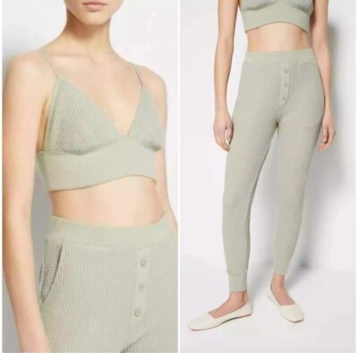 Neu KLEIN S 2 PC Jonathan Simkhai Satz Waffelstrick Bralet Jogger Lounge Grün