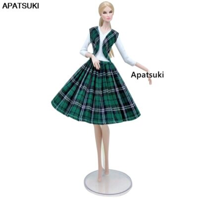 Green Plaid Fashion Doll Clothes Set For 11.5'' Doll Outfits Vest Coat Dress 1/6