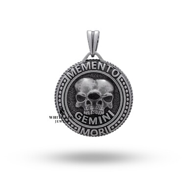 Memento Mori Schädel Zodiac Gemini Schild 925 Silber Oxidierte Herren Anhänger