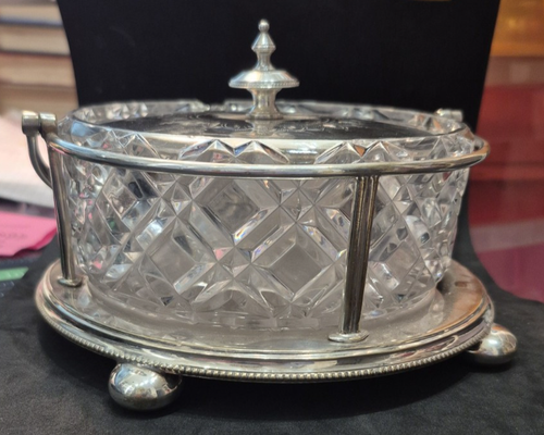 Antique Victorian cut glass butter dish silver plate cradle Cooper Brothers 1127 - Picture 8 of 12