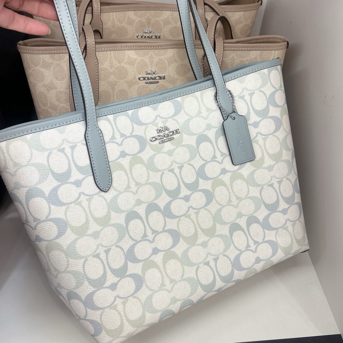 Coach Medium City Tote Bag In Signature Canvas Silver/Chalk/Blue