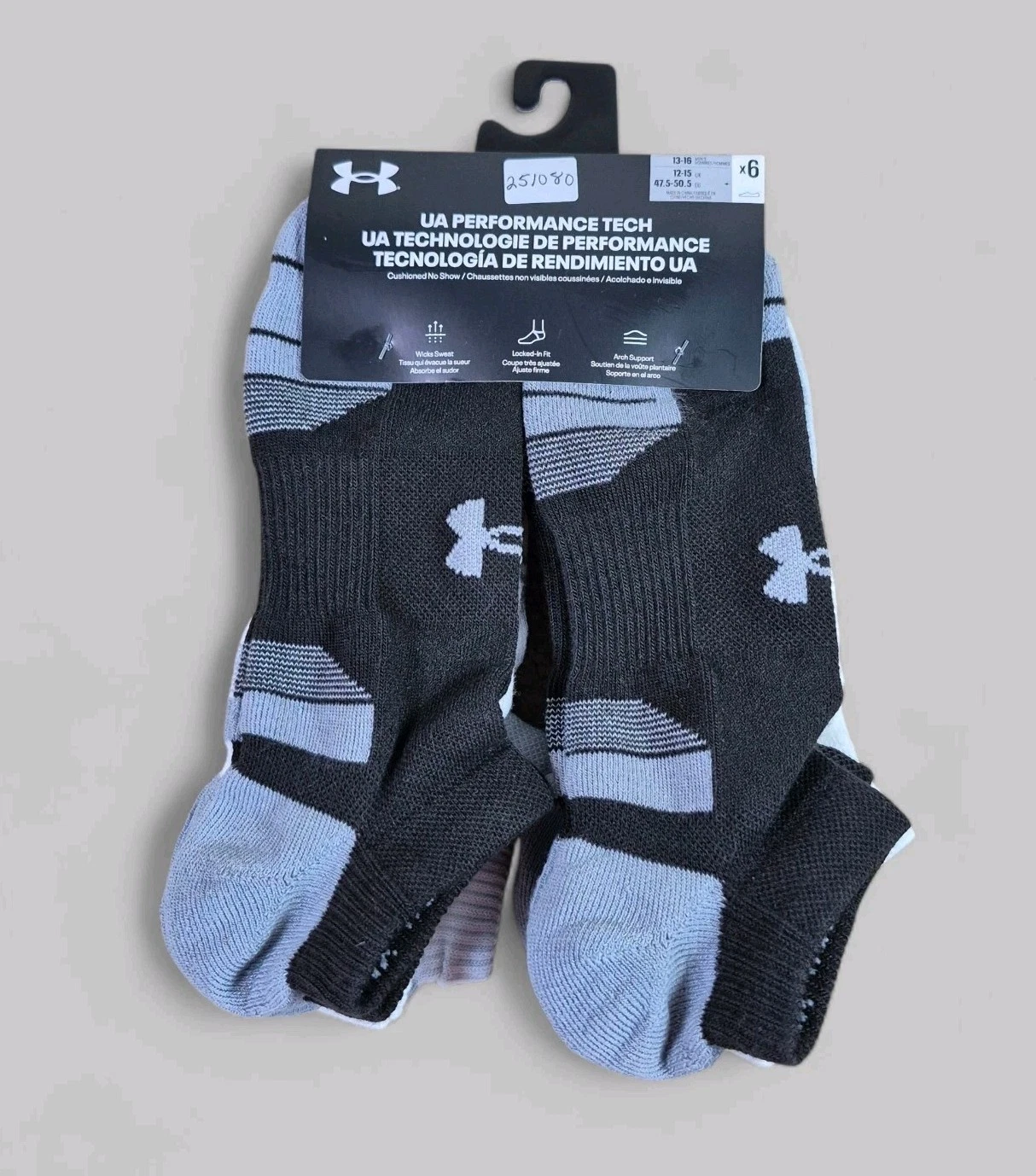 UNDER ARMOUR Mens Socks No Show Cushioned Wicks Sweat 6 Pair Shoe Size 13-16