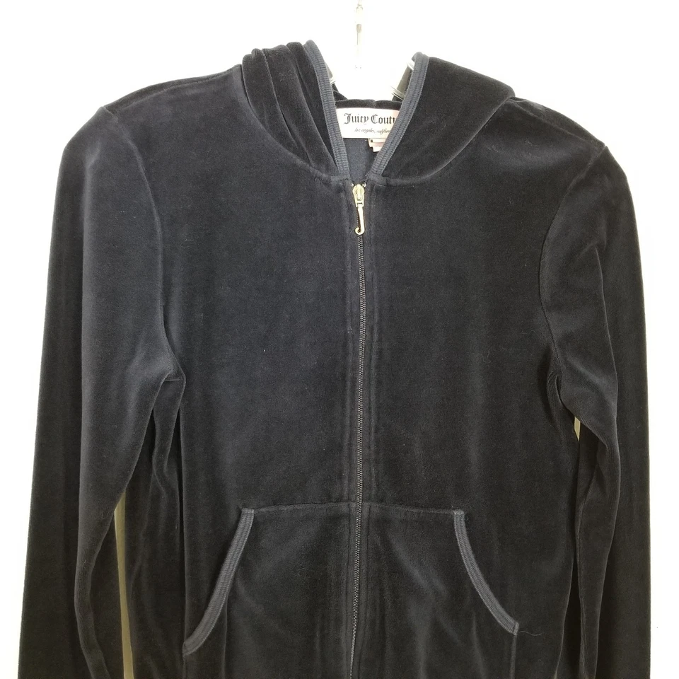 Juicy Couture Velvet Track Full Zip Hooded Jacket Sz L Blue Y2K Back Logo - Image 3 of 4