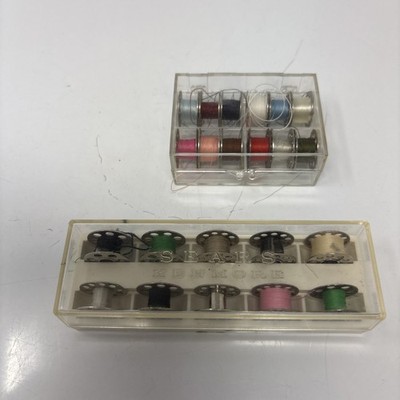 22VINTAGE METAL SEWING BOBBINS w/ THREAD IN SEARS KENMORE PLASTIC CASE~10 HOLE