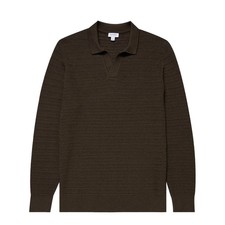 Sunspel Textured Cotton L/S Polo Knitwear Khaki
