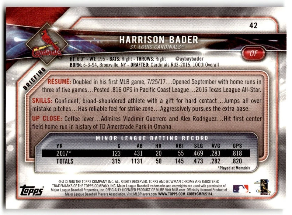 Harrison Bader 2018 Bowman Rookie #42 St. Louis Cardinals - Image 2 of 2