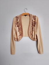M&S Wool Blend Embellished Bolero Cardigan Beige Cropped Beaded Party Occasion L