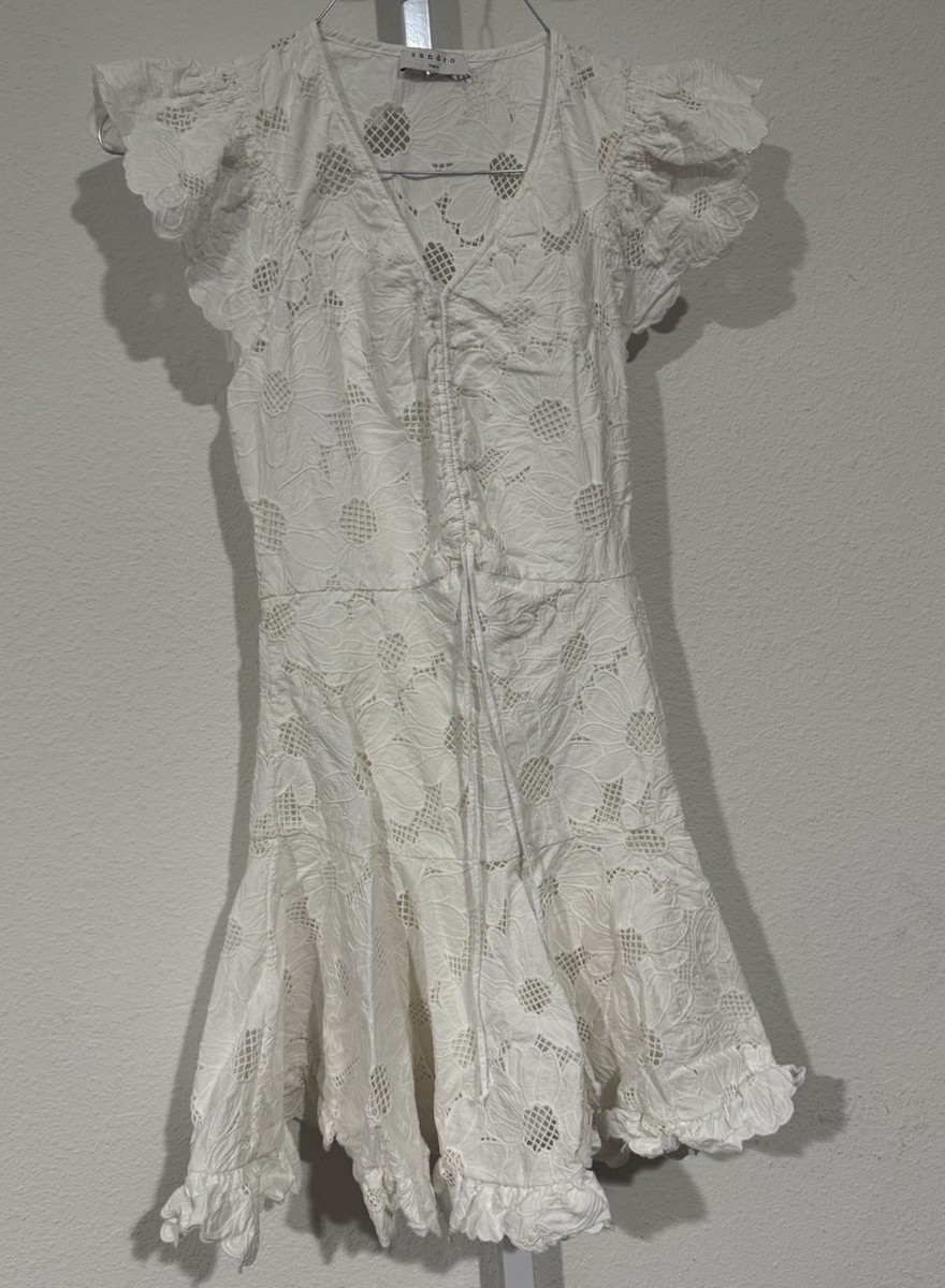 sandro lace mini dress RRP€436 SANDRO Brasilia Lace Mini Dress FR34 US4 White Ruffle Flare