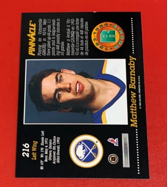 NHL MATTHEW BARNABY Buffalo Sabres 1993-94 Pinnacle ROOKIE Trading CARD #216 - Image 2 of 3