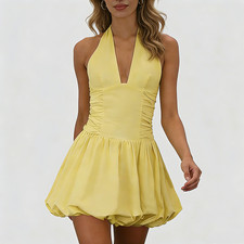 Women's Fashion Deep V Backless Halter Neck Tie Ribbon Bow Bubble Mini Dress