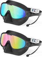 Swim Goggles Adult W/ Nose Cover Men Women 2 Pack Wide View Anti-Fog/UV No Leak