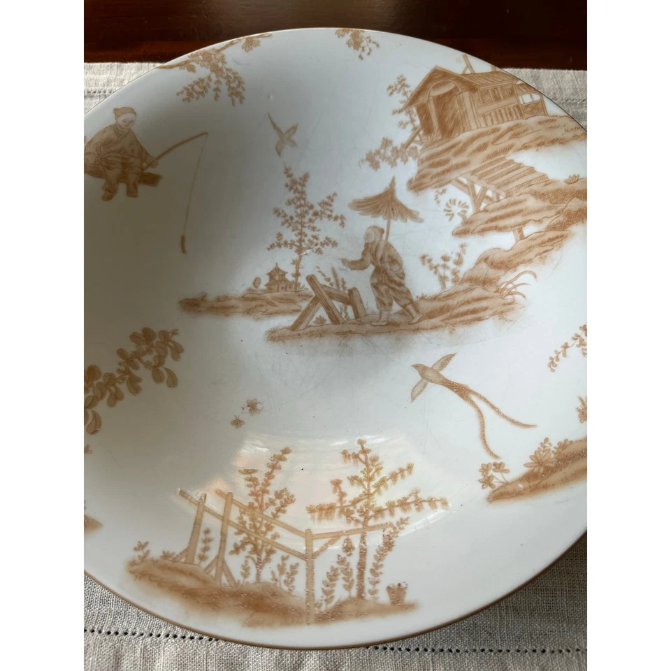 Juego grande de 2 cuencos para servir aseo asiáticos vintage grandes blanco bronceado pesado chinoiserie Foto 4 de 4