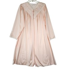 Vintage Shadowline Robe Womens Medium Pink Nylon Lace Pearl Buttons 80s