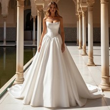 Strapless Wedding Dresses With Train Satin Bridal Party Gown Strapless Ball Gown