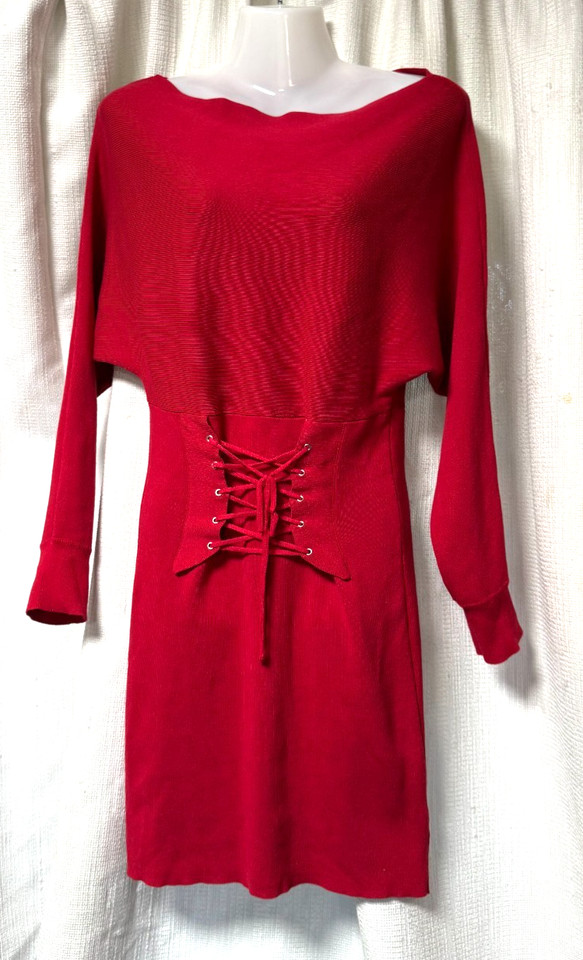 VG Edition Red Knit Dress Size S Wide Neck Corset Look Front Tie Mini