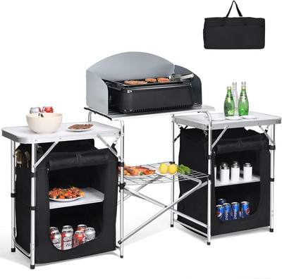 Portable Camping Kitchen Station with Folding Grill Table & Storage Organizer