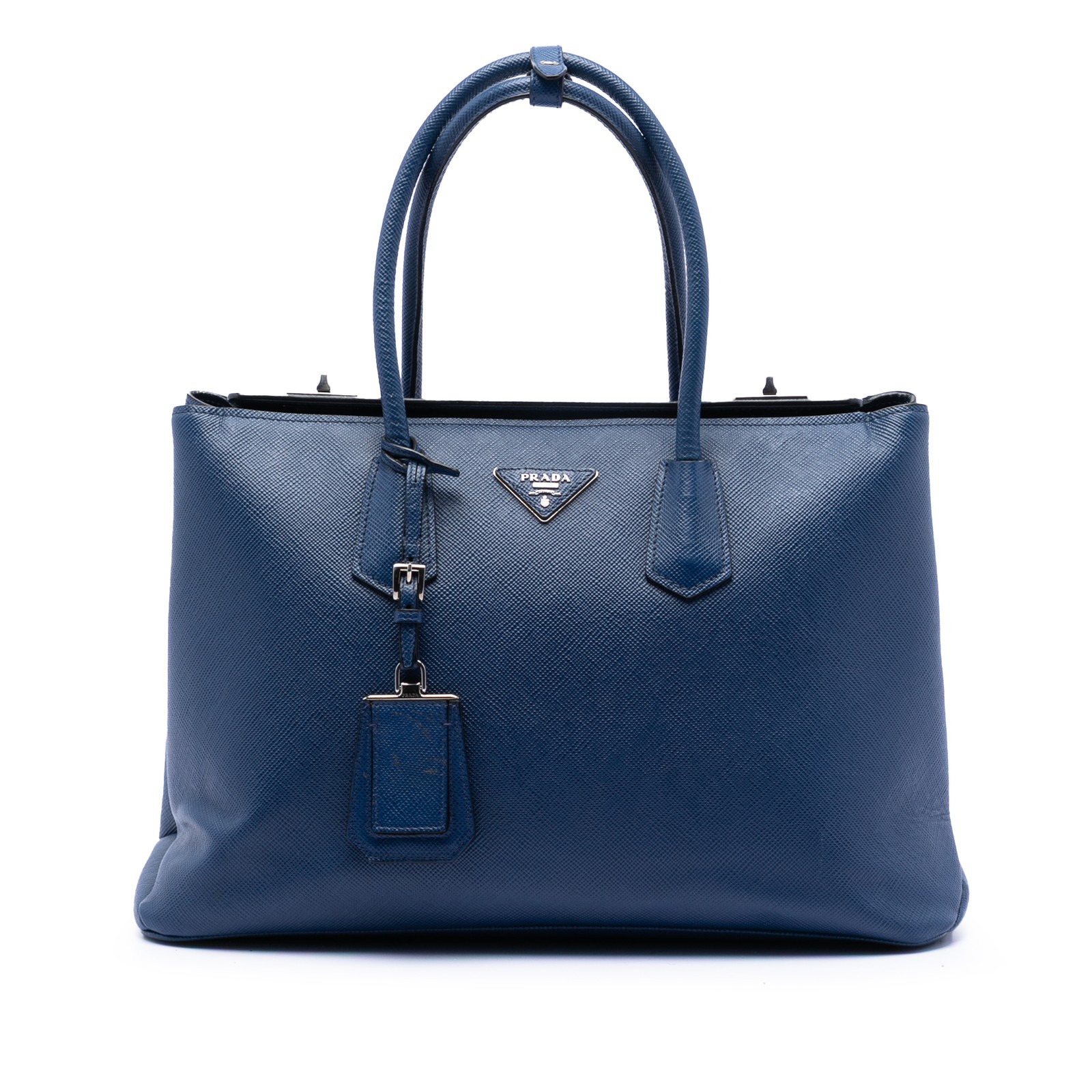 Authenticated Prada Saffiano Cuir Twin Tote Blue Calf Leather