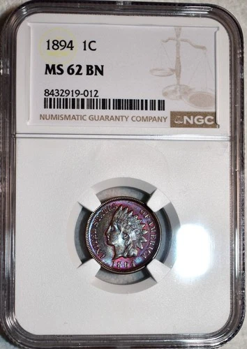 NGC MS-62 BN 1894 Indian Head Cent, Beautifully Toned, PQ specimen!